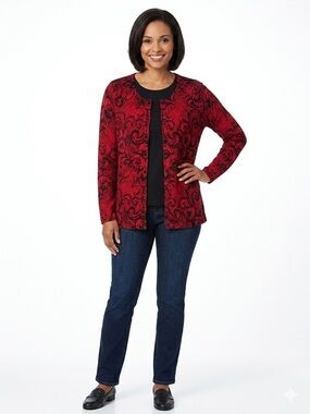 Christopher & Banks Red and Black Floral Button Down Cardigan